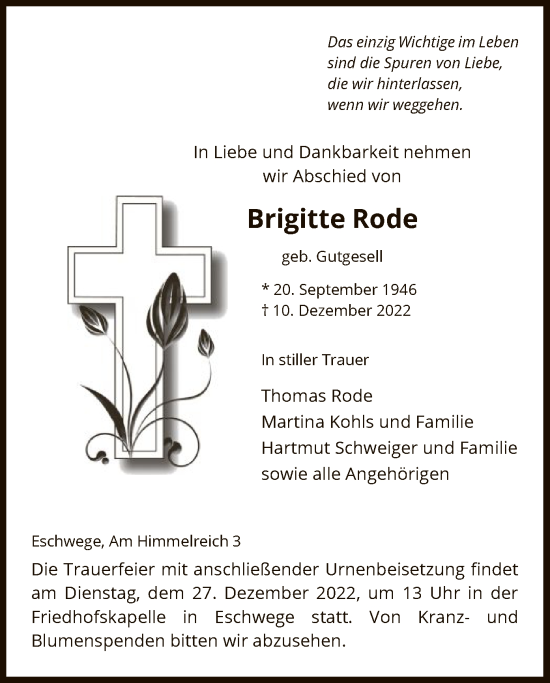 Traueranzeige von Brigitte Rode von WRS