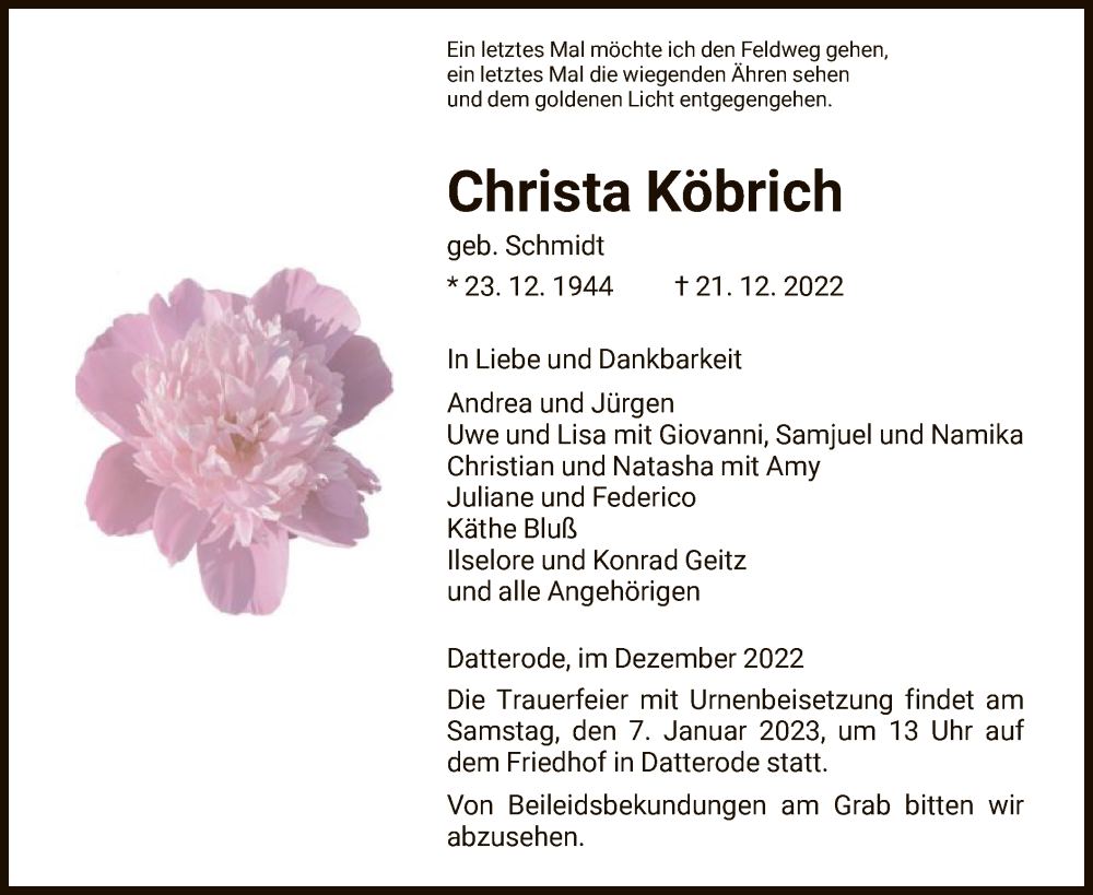  Traueranzeige für Christa Köbrich vom 31.12.2022 aus WRS