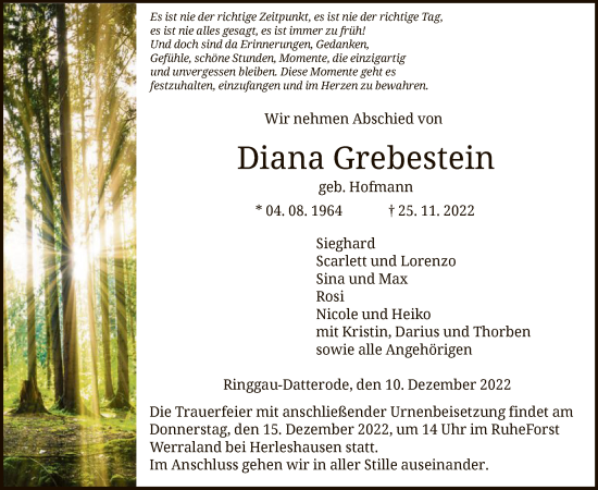 Traueranzeige von Diana Grebestein von WRS