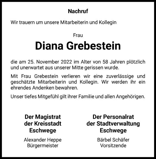 Traueranzeige von Diana Grebestein von WRS