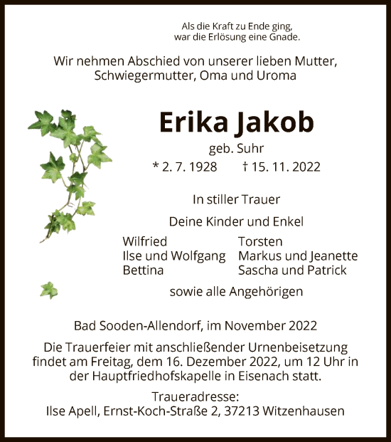 Traueranzeige von Erika Jakob von WRS