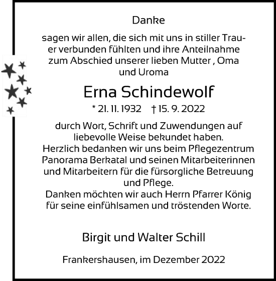 Traueranzeige von Erna Schindewolf von WRS