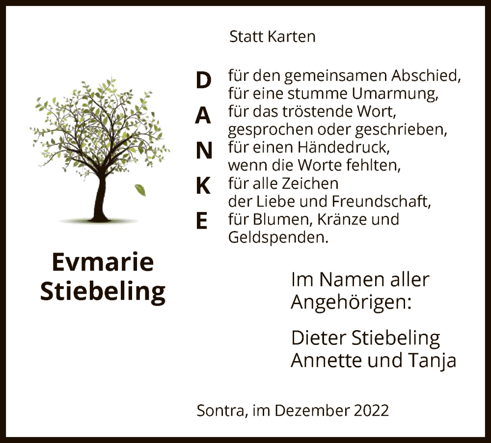  Traueranzeige für Evmarie Stiebeling vom 17.12.2022 aus WRS