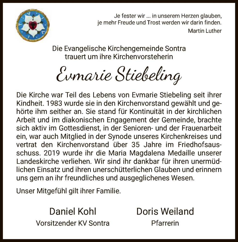  Traueranzeige für Evmarie Stiebeling vom 31.12.2022 aus WRS