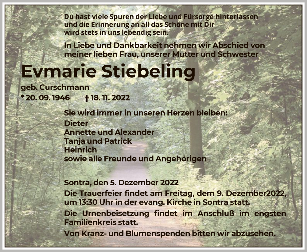  Traueranzeige für Evmarie Stiebeling vom 05.12.2022 aus WRS