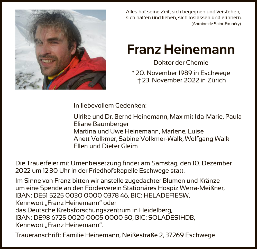  Traueranzeige für Franz Heinemann vom 03.12.2022 aus WRS