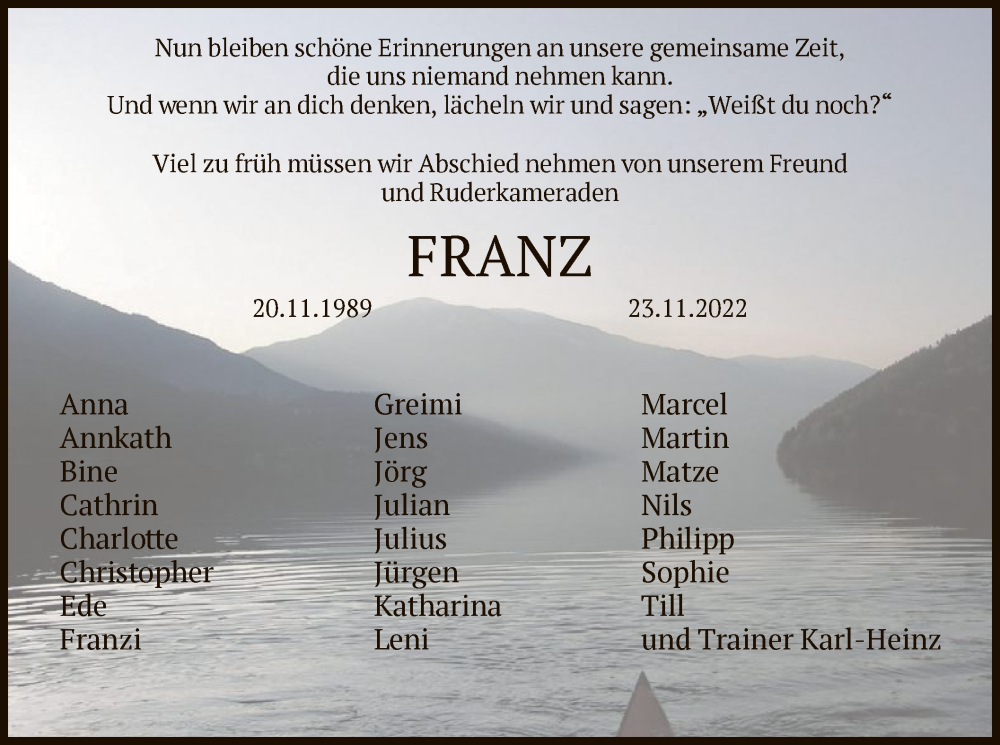  Traueranzeige für Franz Heinemann vom 03.12.2022 aus WRS