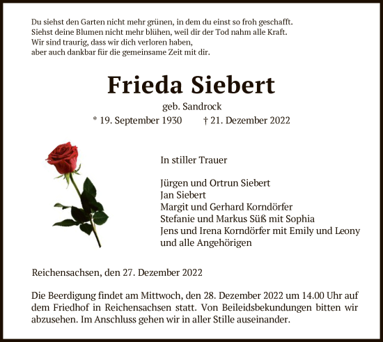 Traueranzeige von Frieda Siebert von WRS