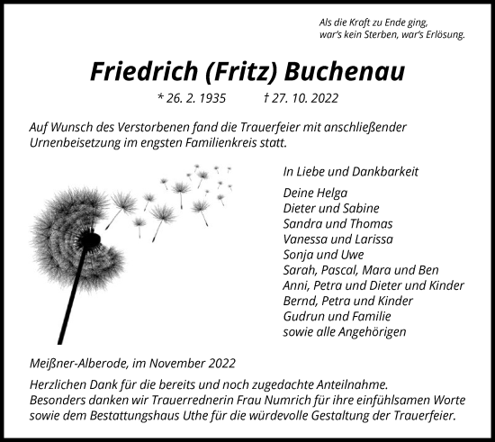 Traueranzeige von Friedrich Buchenau von WRS