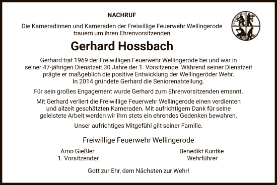 Traueranzeige von Gerhard Hossbach von WRS