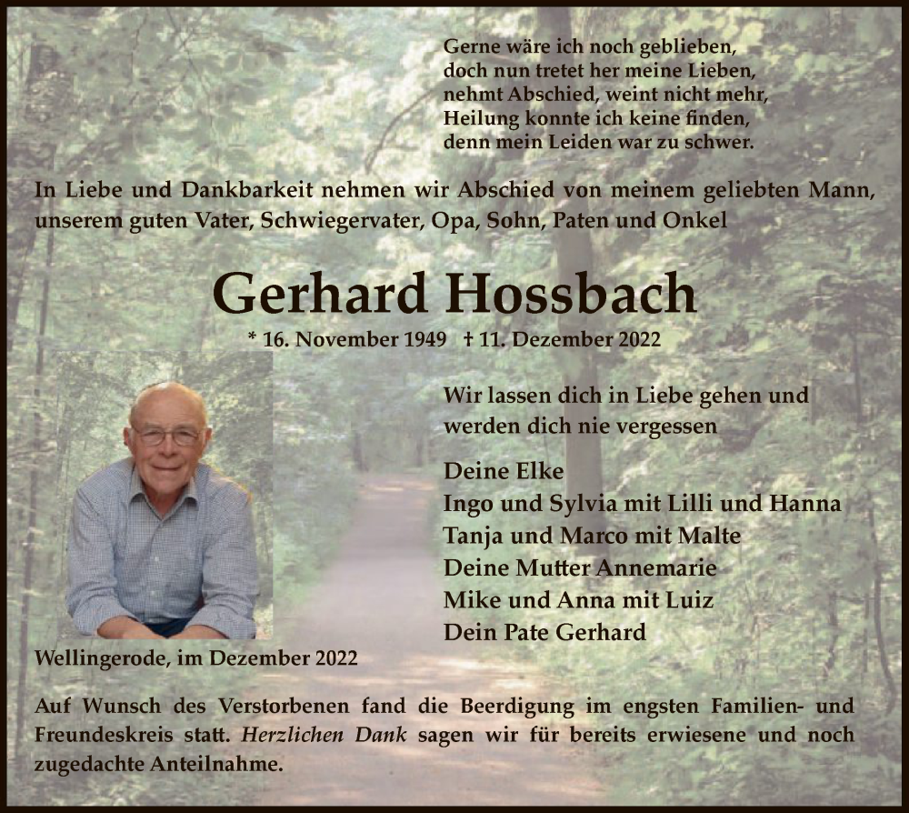  Traueranzeige für Gerhard Hossbach vom 20.12.2022 aus WRS