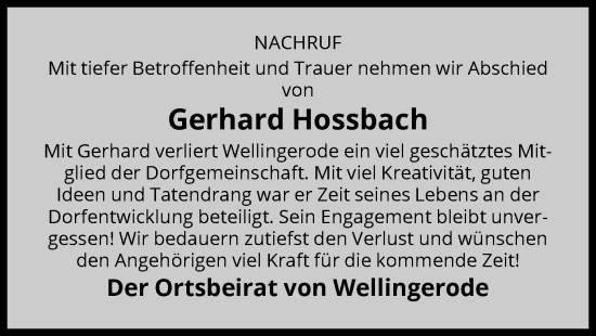 Traueranzeige von Gerhard Hossbach von WRS