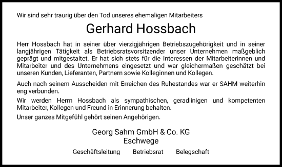 Traueranzeige von Gerhard Hossbach von WRS