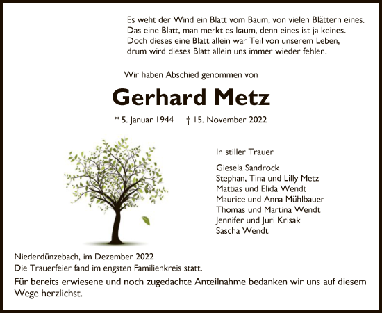 Traueranzeige von Gerhard Metz von WRS