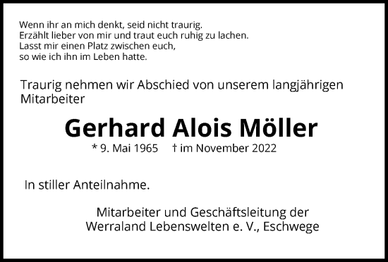Traueranzeige von Gerhard Alois Möller von WRS