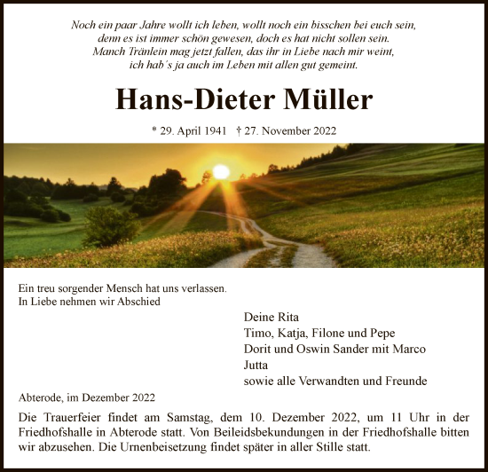 Traueranzeige von Hans-Dieter Müller von WRS