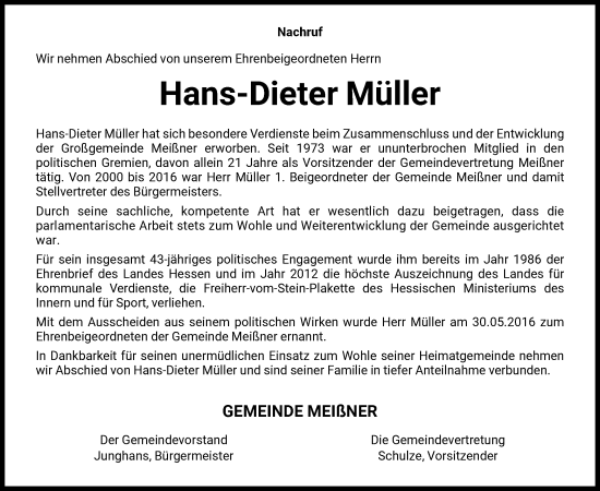 Traueranzeige von Hans-Dieter Müller von WRS