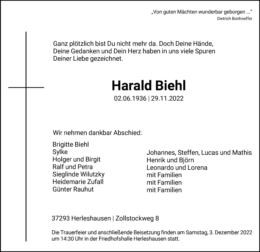  Traueranzeige für Harald Biehl vom 02.12.2022 aus WRS