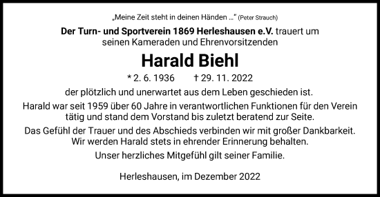 Traueranzeige von Harald Biehl von WRS