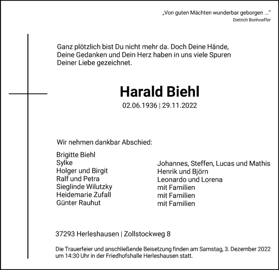 Traueranzeige von Harald Biehl von WRS