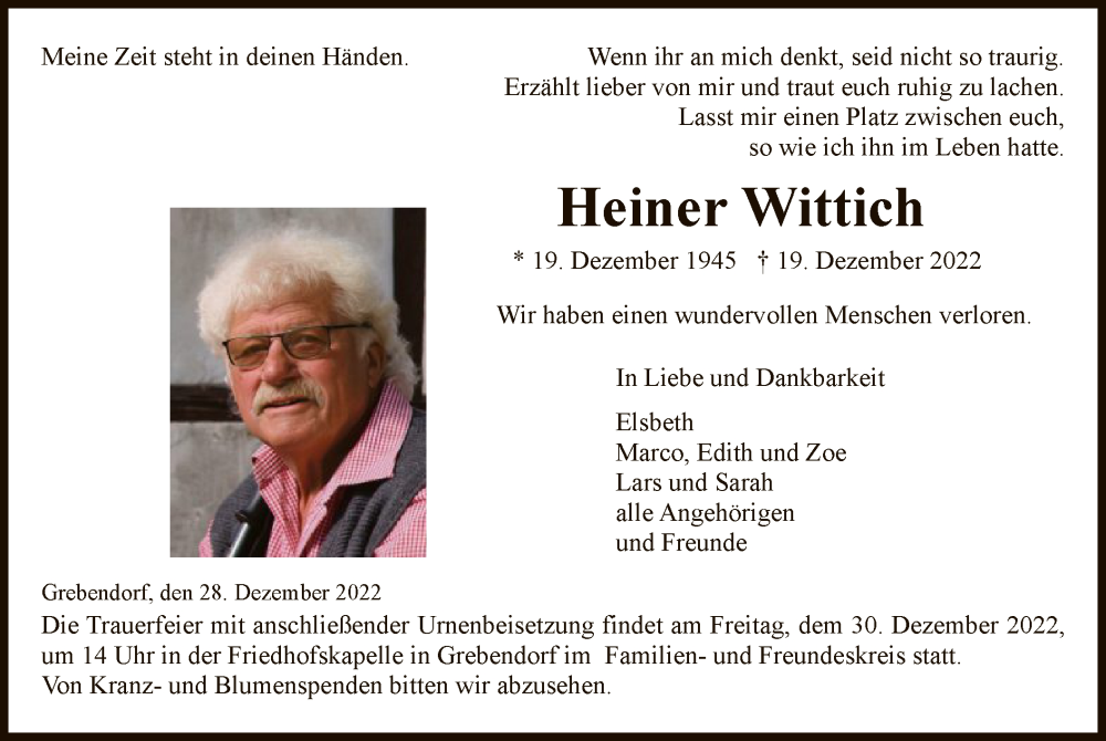  Traueranzeige für Heiner Wittich vom 28.12.2022 aus WRS