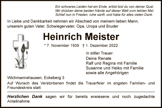 Traueranzeige von Heinrich Meister von WRS