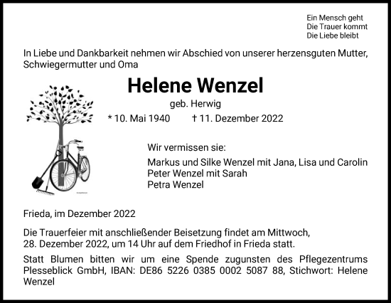 Traueranzeige von Helene Wenzel von WRS