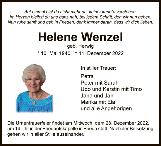 Traueranzeige von Helene Wenzel von WRS