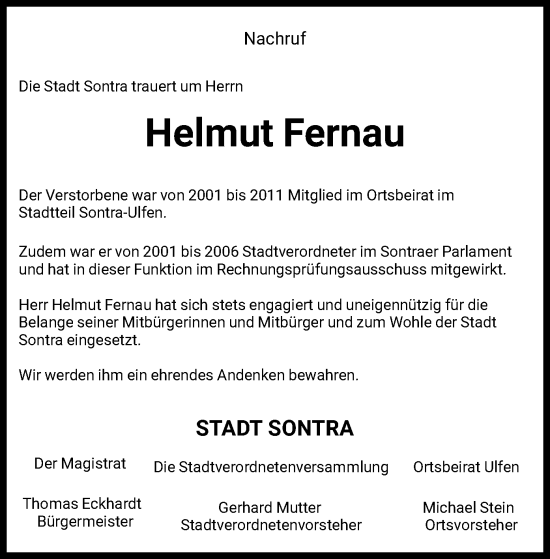 Traueranzeige von Helmut Fernau von WRS