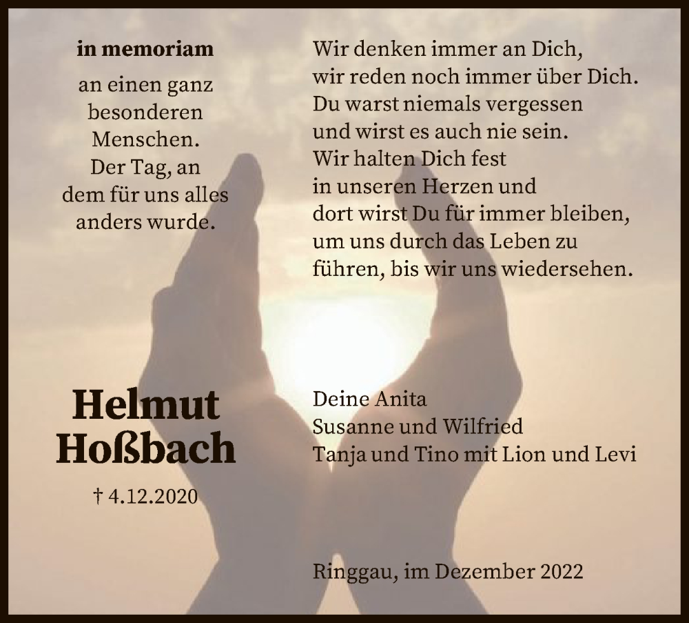  Traueranzeige für Helmut Hoßbach vom 05.12.2022 aus WRS