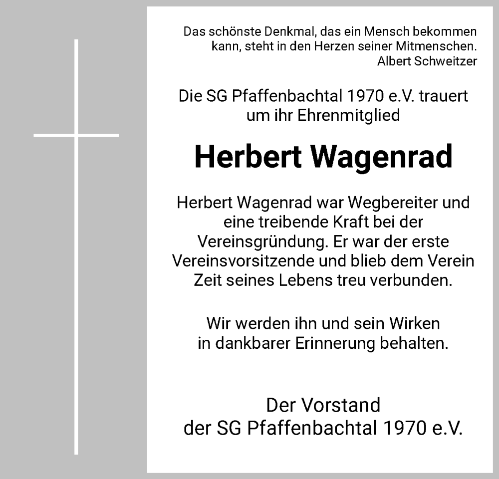  Traueranzeige für Herbert Wagenrad vom 29.12.2022 aus WRS