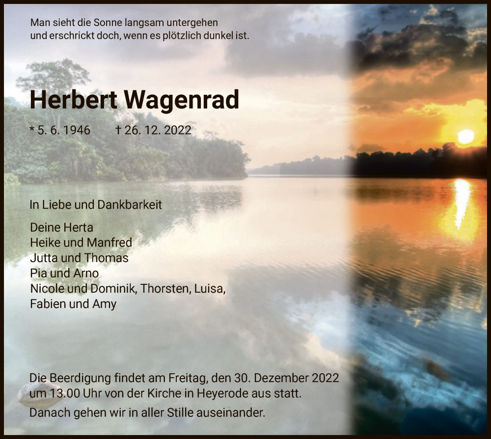  Traueranzeige für Herbert Wagenrad vom 29.12.2022 aus WRS