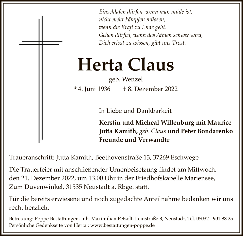  Traueranzeige für Herta Claus vom 17.12.2022 aus WRS