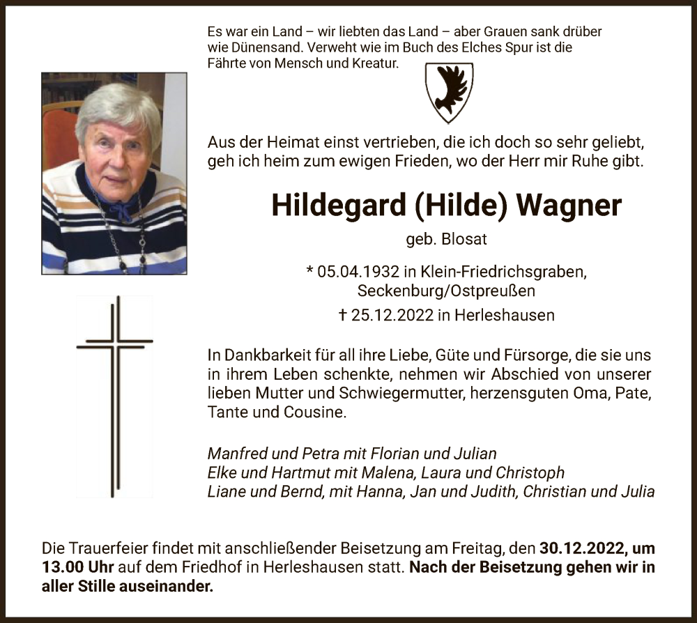  Traueranzeige für Hildegard Wagner vom 29.12.2022 aus WRS