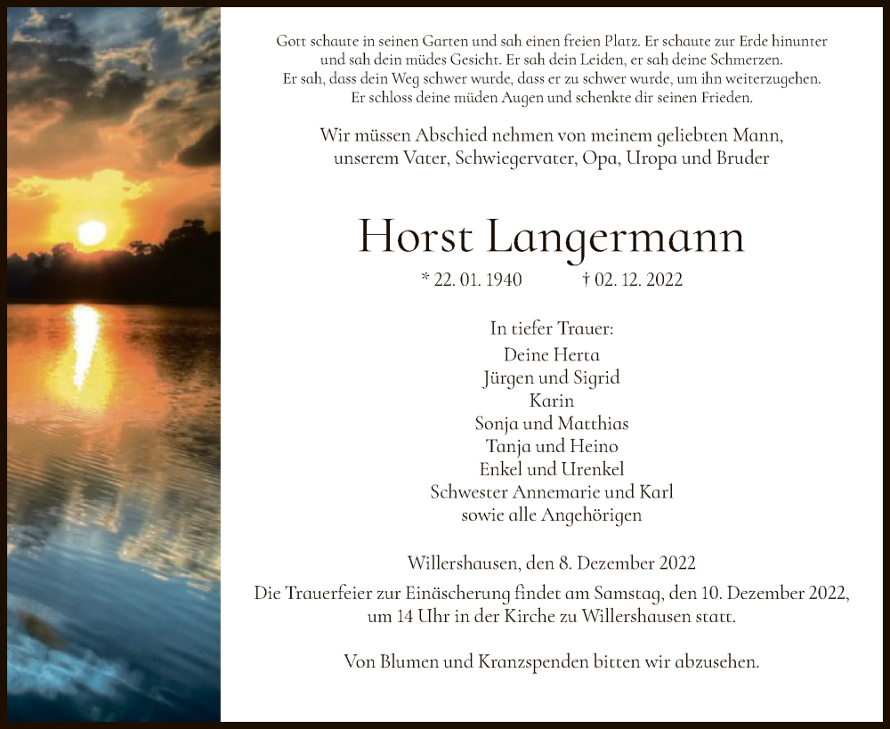  Traueranzeige für Horst Langermann vom 08.12.2022 aus WRS