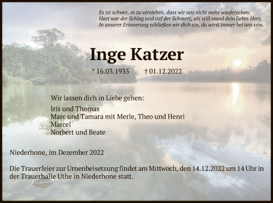 Traueranzeige von Inge Katzer von WRS