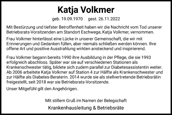 Traueranzeige von Katja Volkmer von WRS