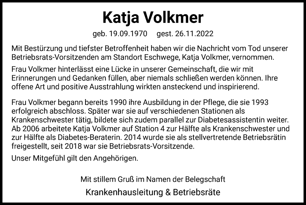  Traueranzeige für Katja Volkmer vom 09.12.2022 aus WRS