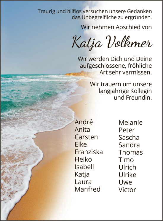 Traueranzeige von Katja Volkmer von WRS