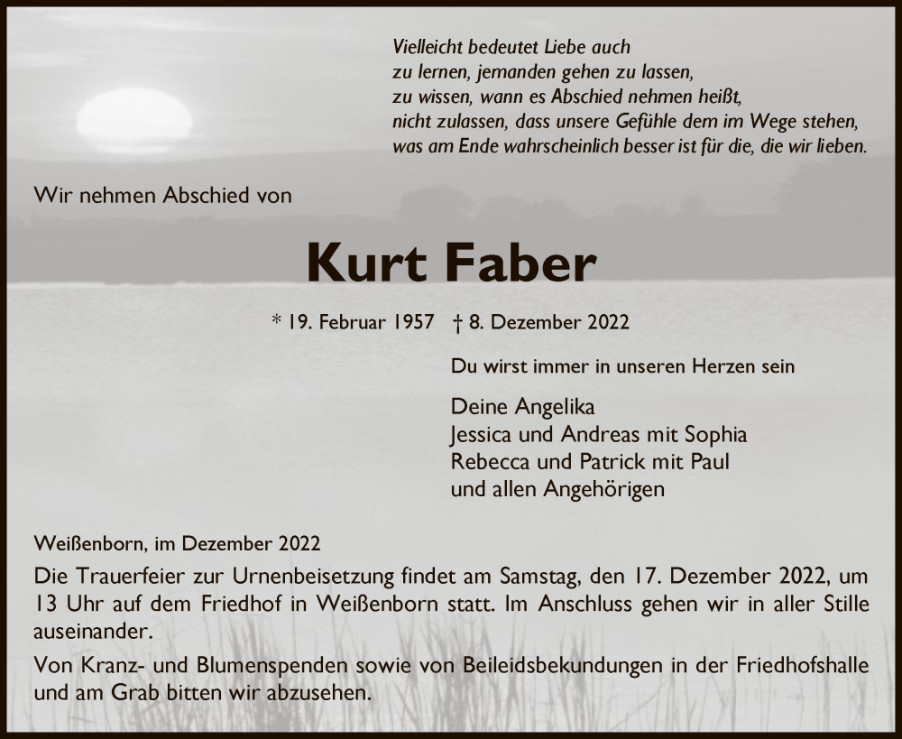  Traueranzeige für Kurt Faber vom 15.12.2022 aus WRS