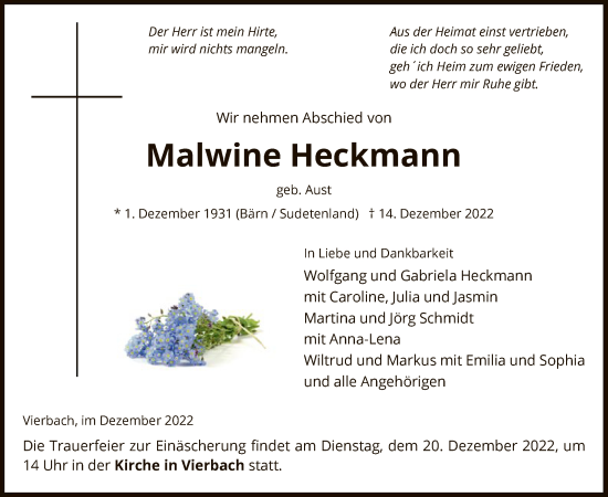 Traueranzeige von Malwine Heckmann von WRS