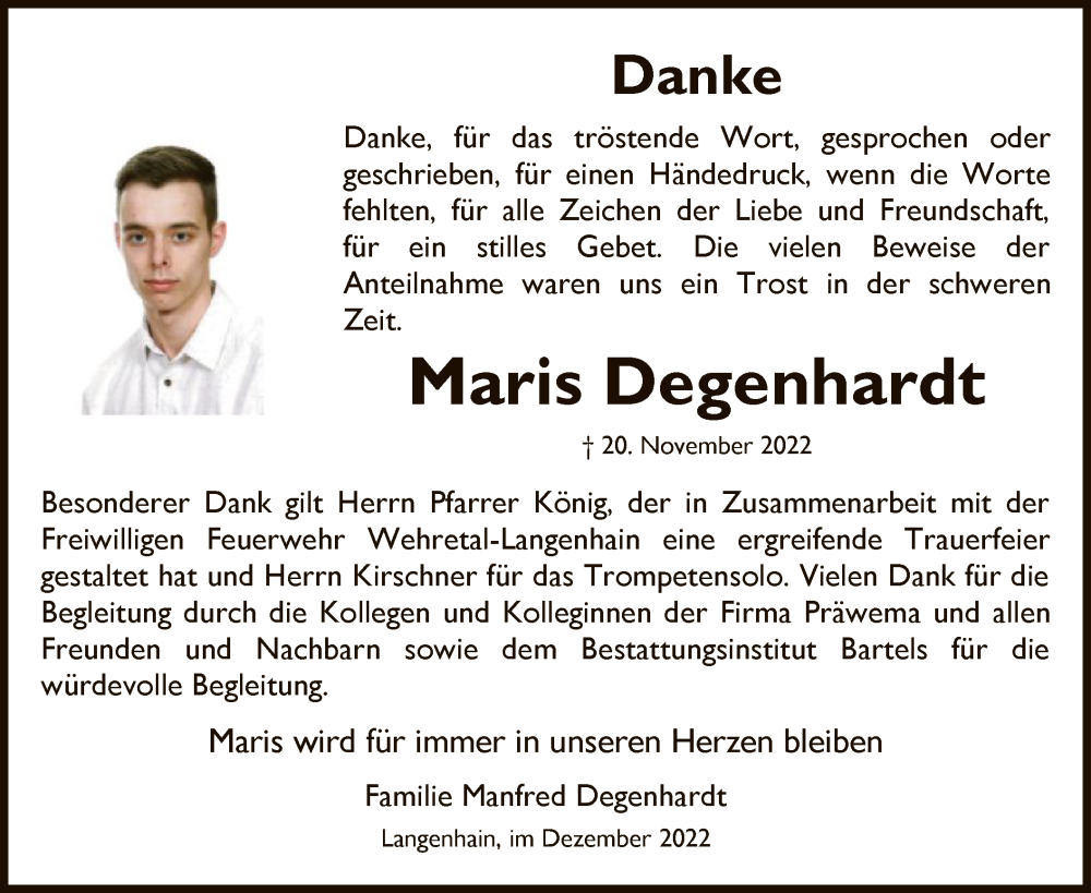  Traueranzeige für Maris Degenhardt vom 10.12.2022 aus WRS