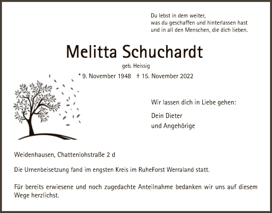 Traueranzeige von Melitta Schuchardt von WRS