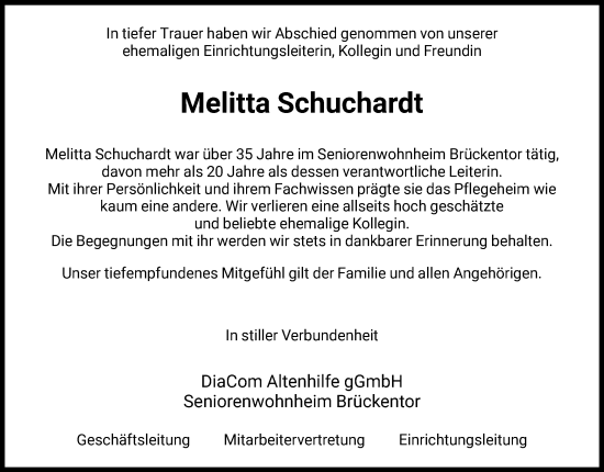 Traueranzeige von Melitta Schuchardt von WRS