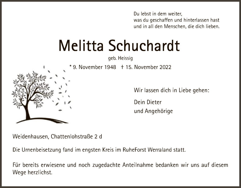  Traueranzeige für Melitta Schuchardt vom 03.12.2022 aus WRS