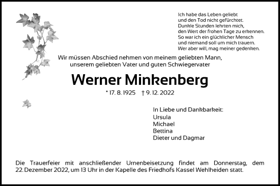 Traueranzeige von Werner Minhenberg von HNA