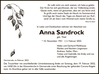 Traueranzeige von Anna Sandrock von WRS