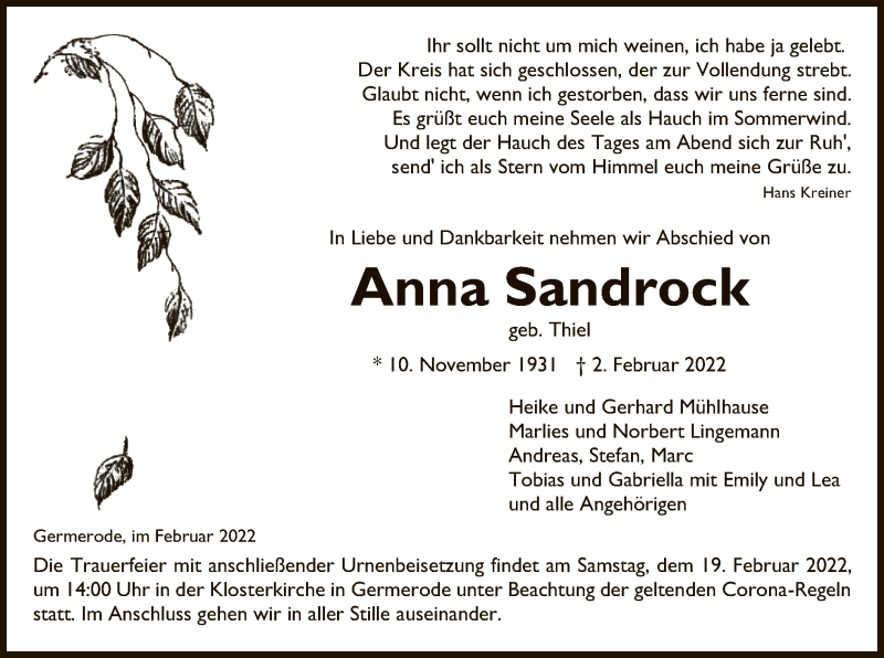  Traueranzeige für Anna Sandrock vom 16.02.2022 aus WRS