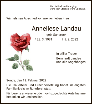 Traueranzeige von Anneliese Landau von WRS