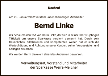 Traueranzeige von Bernd Linke von WRS